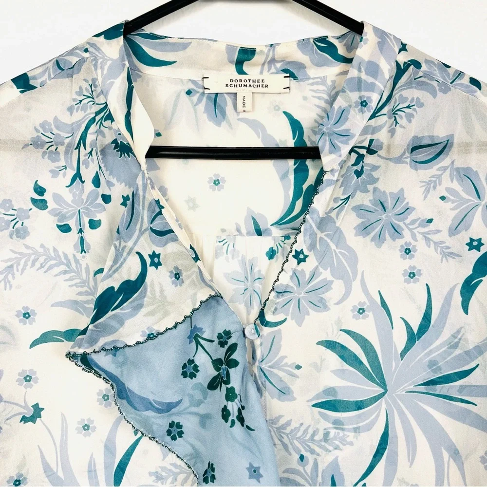 Dorothee Schumacher Floral Blue & Green Ruffled Long Sleeve Blouse Top 2/Small - Picture 4 of 7